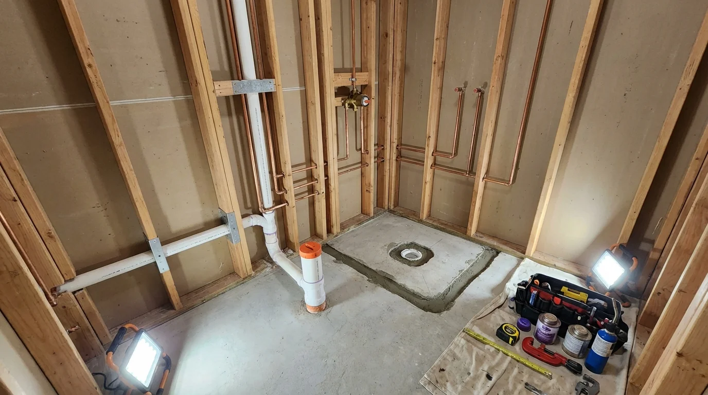 Bathroom rough-in plumbing during remodel by Johns Plumbing LLC in Englishtown