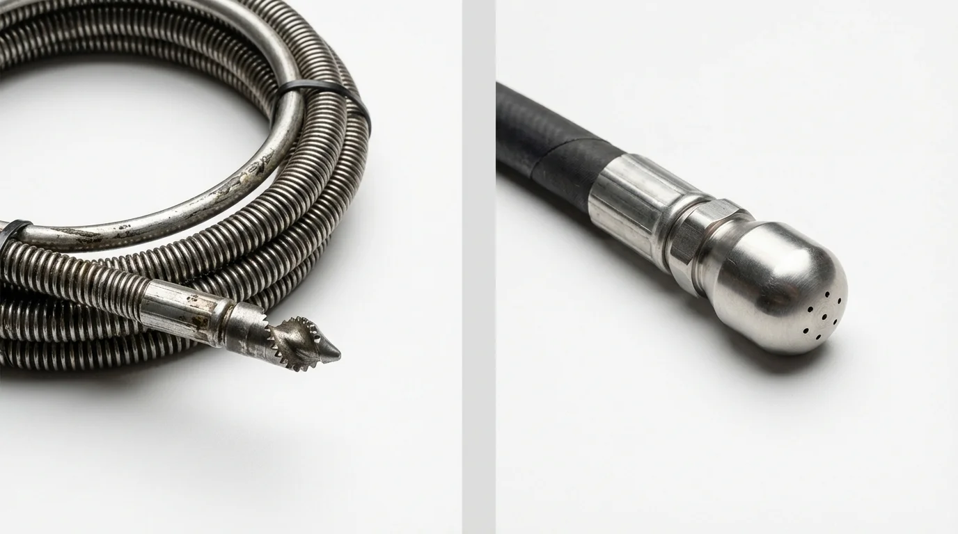 Drain snake cable and hydro jetting nozzle used for drain cleaning in Englishtown, NJ
