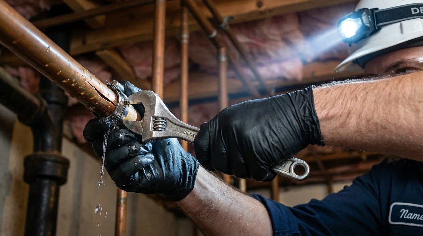 Emergency pipe clamp repair being performed by a Johns Plumbing LLC plumber in Englishtown