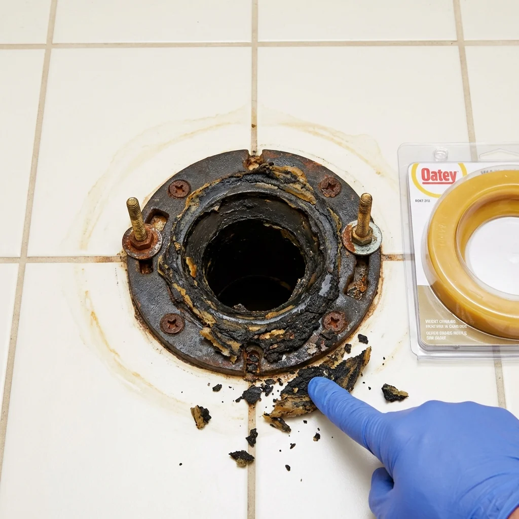 Failed wax ring showing water seepage at the base of a toilet in a Englishtown, NJ home