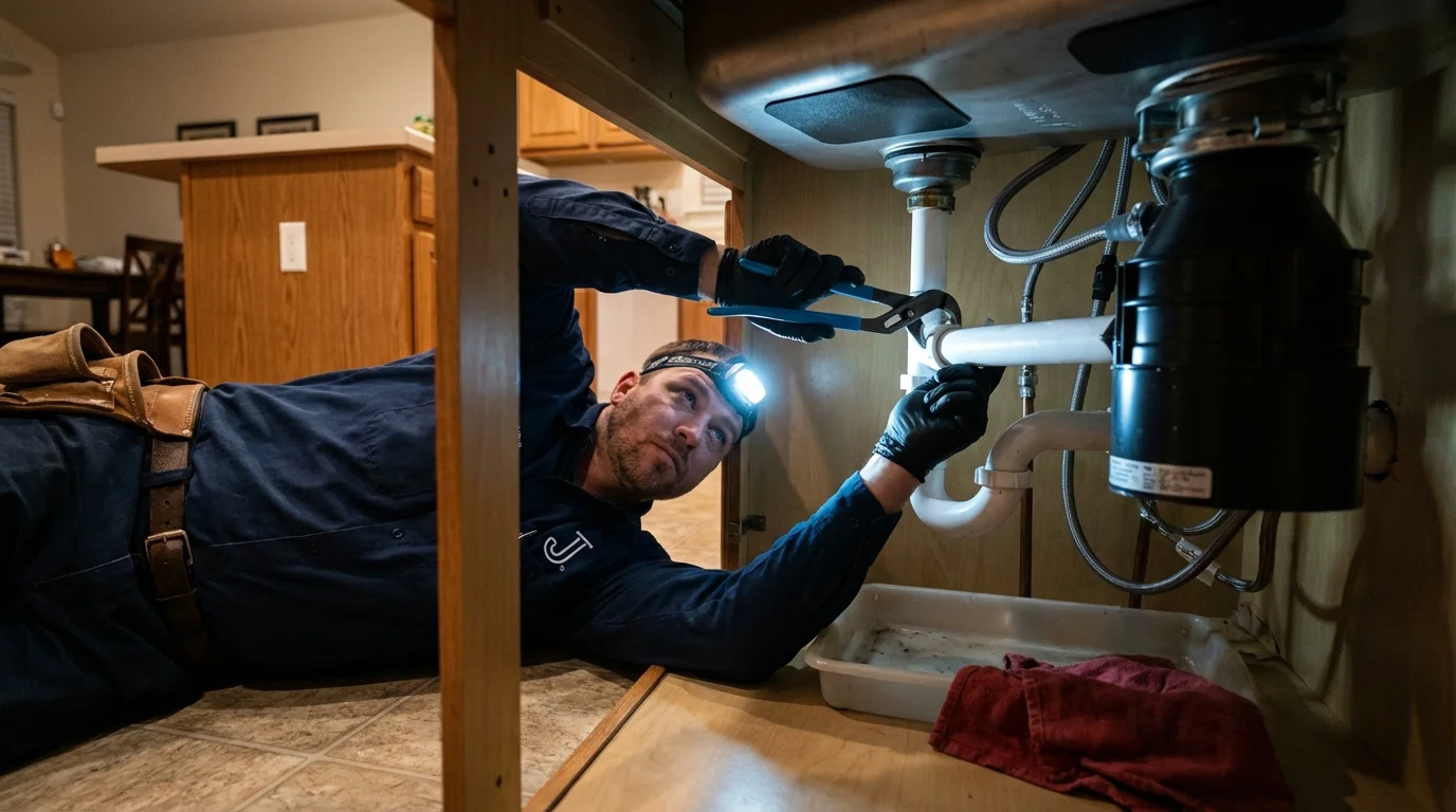 P-trap and supply line connections under a kitchen sink showing a common leak point in Englishtown, NJ